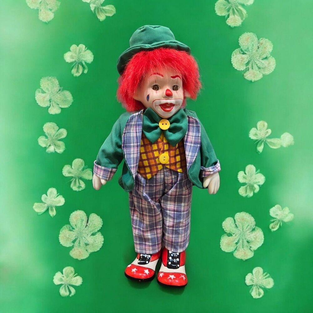 Vintage 14" Porcelain Hobo Clown Figurine with Plaid Pants and Big Circus Shoes